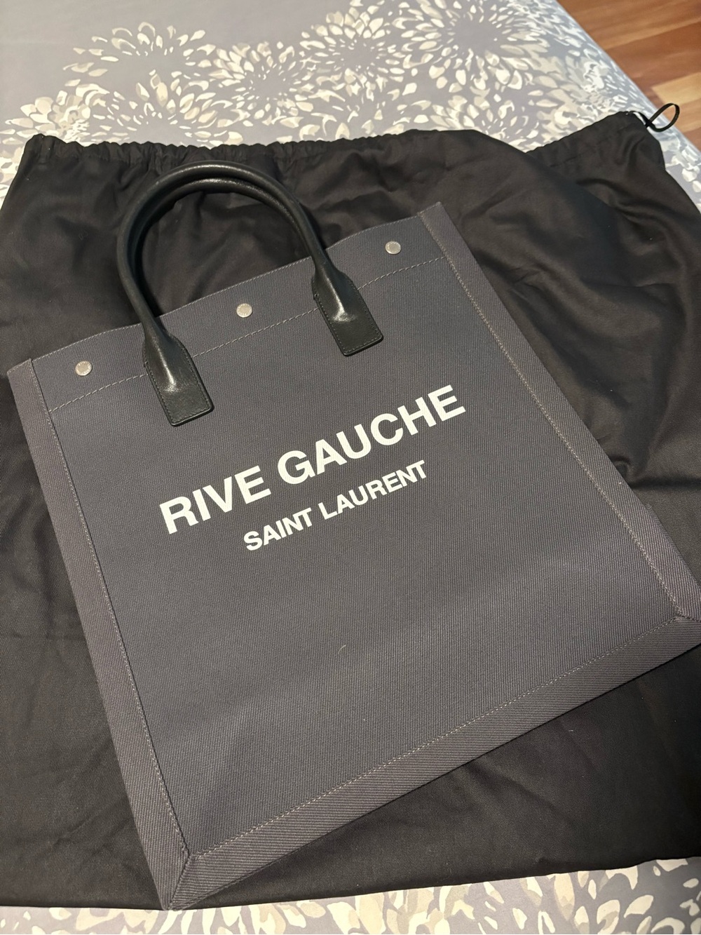 Saint Laurent Navy Canvas Messenger Tote with White Logo